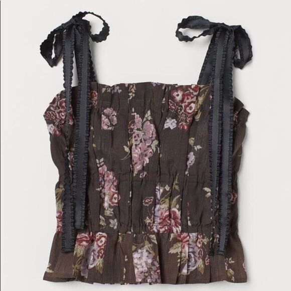H&M Tops - Brock Collection x H&M Brown Floral Print Ribbon Tie Shoulder Gathered Top NWT